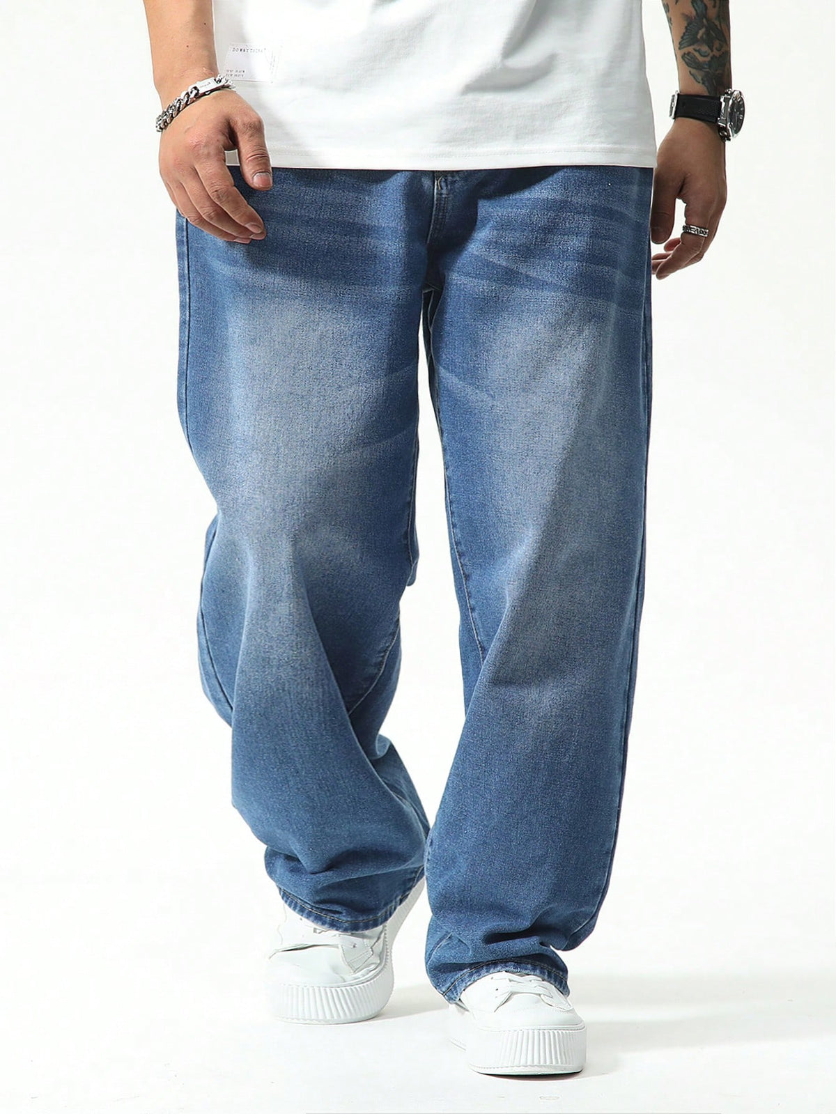 Manfinity Homme Plus Size Men Casual Baggy Jeans,Aqua Blue,Autumn,Streetwear,Evening Washed Dark Cargo Denim Pants For Husband Boyfriend,Commute Vacation Street Wear
