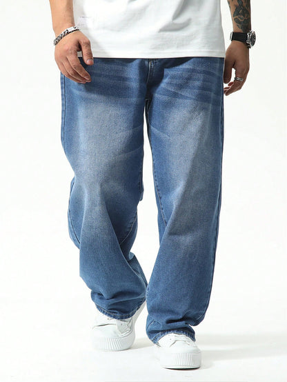 Manfinity Homme Plus Size Men Casual Baggy Jeans,Aqua Blue,Autumn,Streetwear,Evening Washed Dark Cargo Denim Pants For Husband Boyfriend,Commute Vacation Street Wear