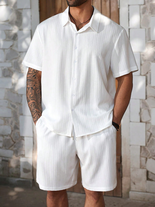 Manfinity Homme Plus Size Men's Casual Solid Color Short Sleeve Shirt And Shorts Set, Formal
