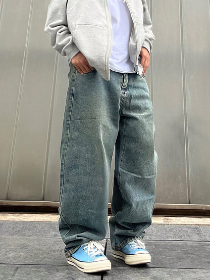 Manfinity Hypemode Plus Size Men's Light Blue Distressed Baggy Jeans,Solid Color Straight Leg Cargo Denim Pants With Pockets,Autumn Streetwear For Evening Commute,Emo