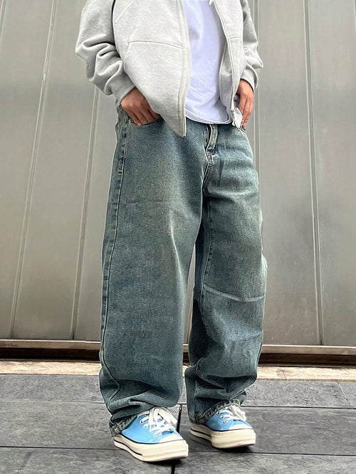 Manfinity Hypemode Plus Size Men's Light Blue Distressed Baggy Jeans,Solid Color Straight Leg Cargo Denim Pants With Pockets,Autumn Streetwear For Evening Commute,Emo