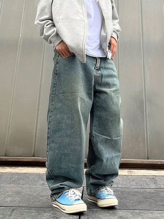 Manfinity Hypemode Plus Size Men's Light Blue Distressed Baggy Jeans,Solid Color Straight Leg Cargo Denim Pants With Pockets,Autumn Streetwear For Evening Commute,Emo