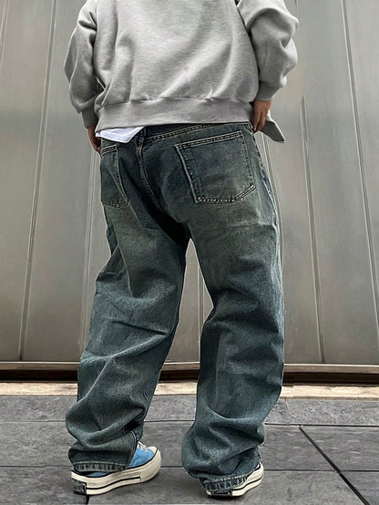 Manfinity Hypemode Plus Size Men's Light Blue Distressed Baggy Jeans,Solid Color Straight Leg Cargo Denim Pants With Pockets,Autumn Streetwear For Evening Commute,Emo