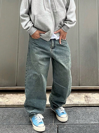 Manfinity Hypemode Plus Size Men's Light Blue Distressed Baggy Jeans,Solid Color Straight Leg Cargo Denim Pants With Pockets,Autumn Streetwear For Evening Commute,Emo