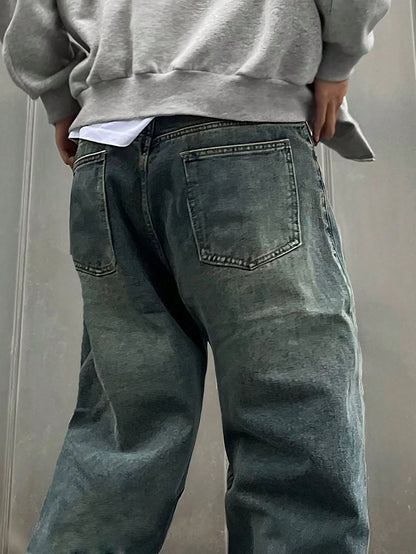 Manfinity Hypemode Plus Size Men's Light Blue Distressed Baggy Jeans,Solid Color Straight Leg Cargo Denim Pants With Pockets,Autumn Streetwear For Evening Commute,Emo