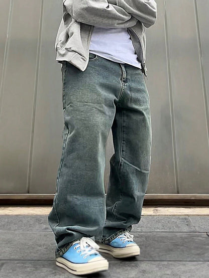 Manfinity Hypemode Plus Size Men's Light Blue Distressed Baggy Jeans,Solid Color Straight Leg Cargo Denim Pants With Pockets,Autumn Streetwear For Evening Commute,Emo