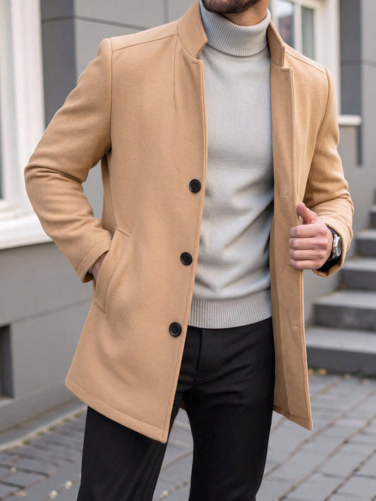 Manfinity Mode Men's Minimalist Button Long Sleeve Overcoat, Fashionable And Versatile