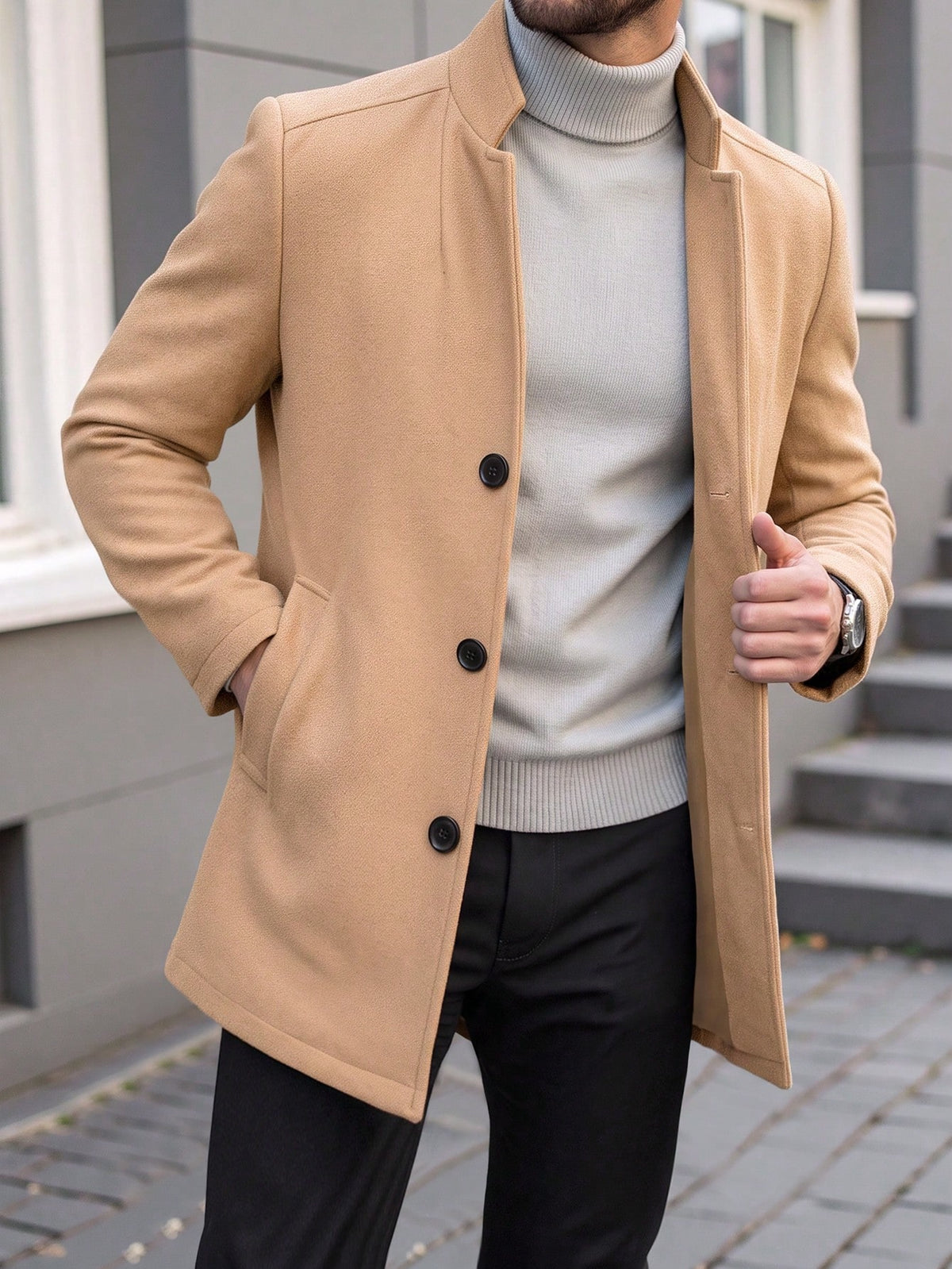 Manfinity Mode Men's Minimalist Button Long Sleeve Overcoat, Fashionable And Versatile