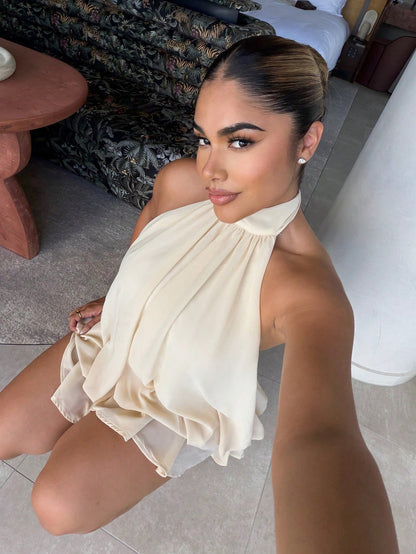 Maria Perezxox Women's Elegant Light Yellow Halter Tie Mini Dress,Dresses For Women Party Summer, Wedding Guest