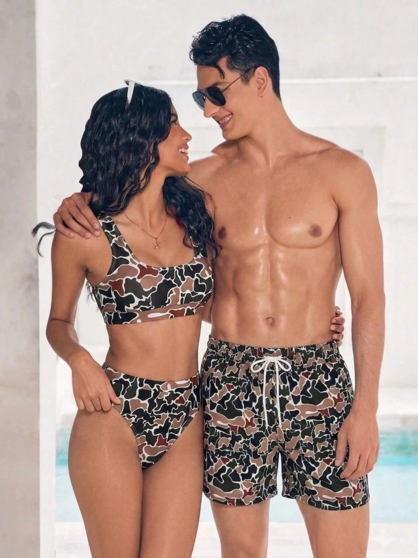 Matching Couple'S Beach Swimwear For Summer: A Sexy Push-Up Camo Bikini Set For Women And Camo Swim Trunks For Men.