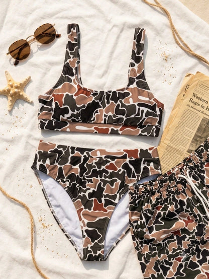 Matching Couple'S Beach Swimwear For Summer: A Sexy Push-Up Camo Bikini Set For Women And Camo Swim Trunks For Men.