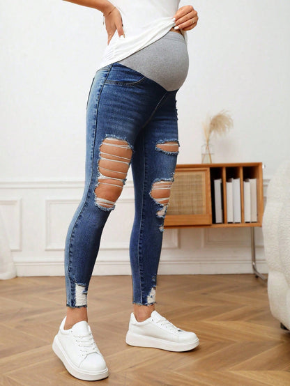 Maternity Adjustable Waist Color Block Ripped Slim Fit Casual Jeans