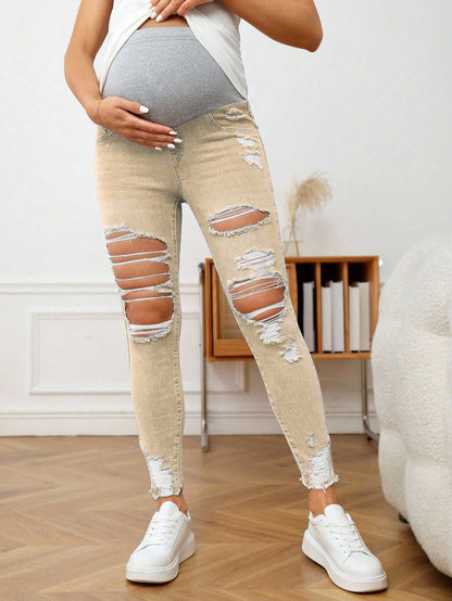 Maternity Adjustable Waist Color Block Ripped Slim Fit Casual Jeans