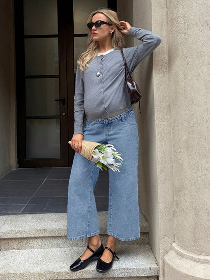 Maternity Casual Elastic Waist Cropped Jeans