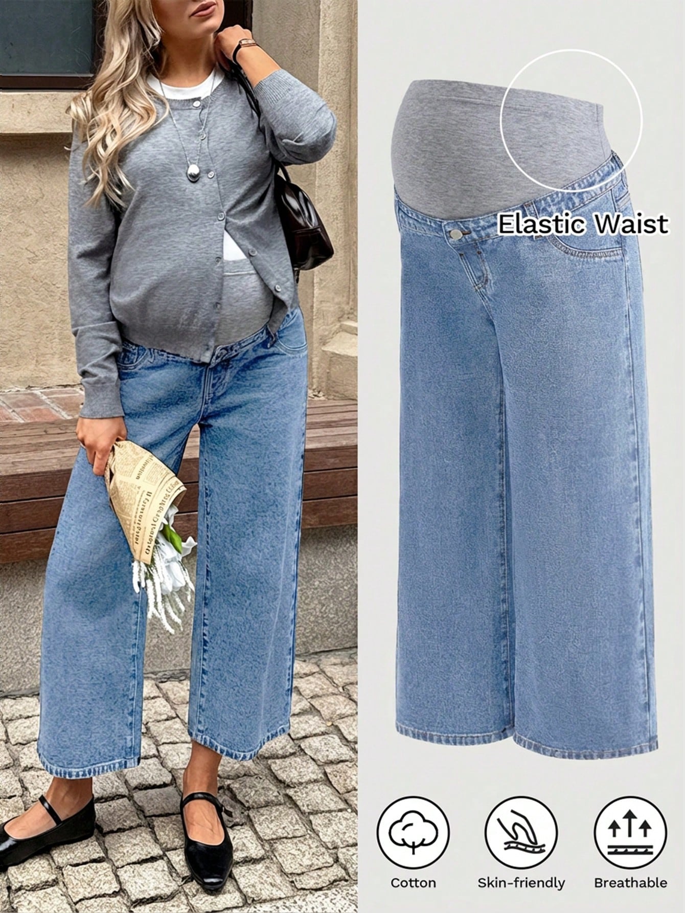 Maternity Casual Elastic Waist Cropped Jeans