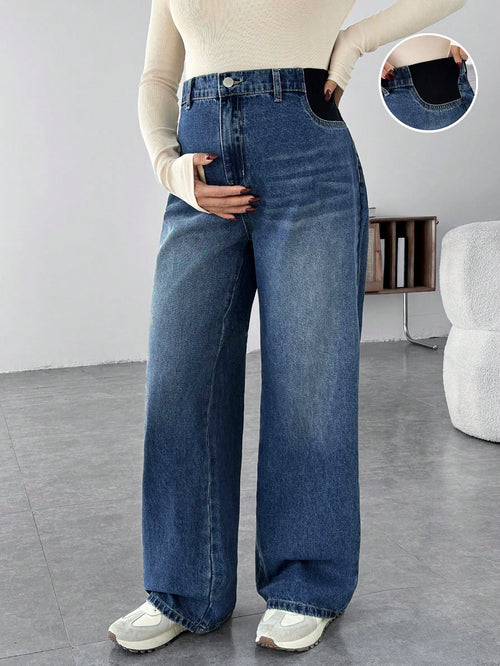 Maternity Casual Loose Flare Leg Blue Jeans Mom Jeans