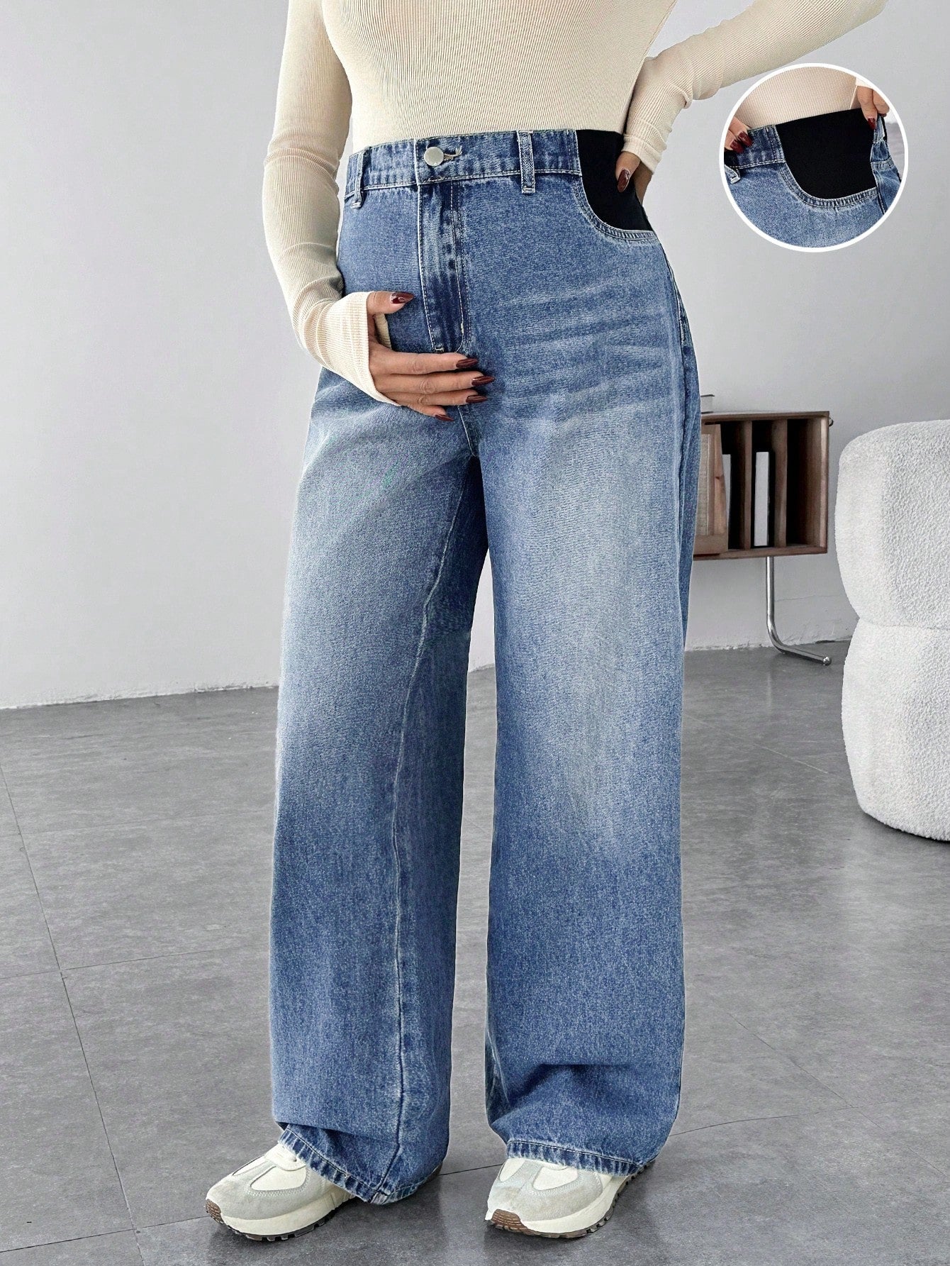Maternity Casual Loose Flare Leg Blue Jeans Mom Jeans