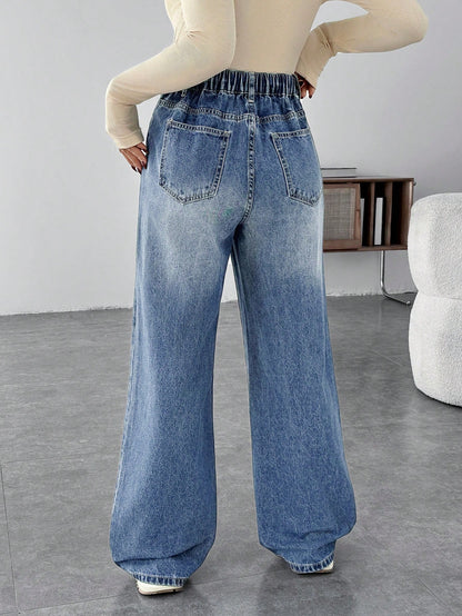 Maternity Casual Loose Flare Leg Blue Jeans Mom Jeans