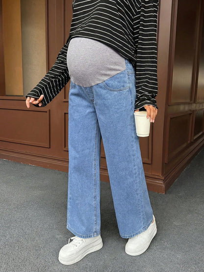Maternity High Waist Casual Versatile Wide Leg Jeans,Light Blue Summer Smart Casual Everyday Comfortable Elastic Waist Loose Fit Denim Pants For Women