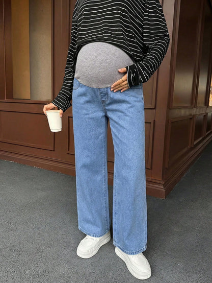 Maternity High Waist Casual Versatile Wide Leg Jeans,Light Blue Summer Smart Casual Everyday Comfortable Elastic Waist Loose Fit Denim Pants For Women