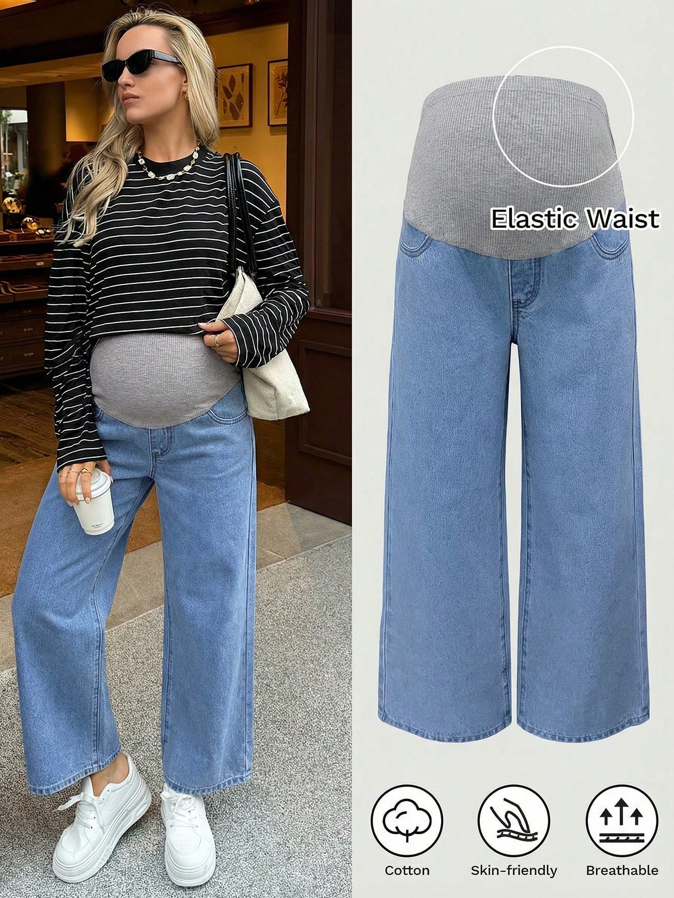 Maternity High Waist Casual Versatile Wide Leg Jeans,Light Blue Summer Smart Casual Everyday Comfortable Elastic Waist Loose Fit Denim Pants For Women