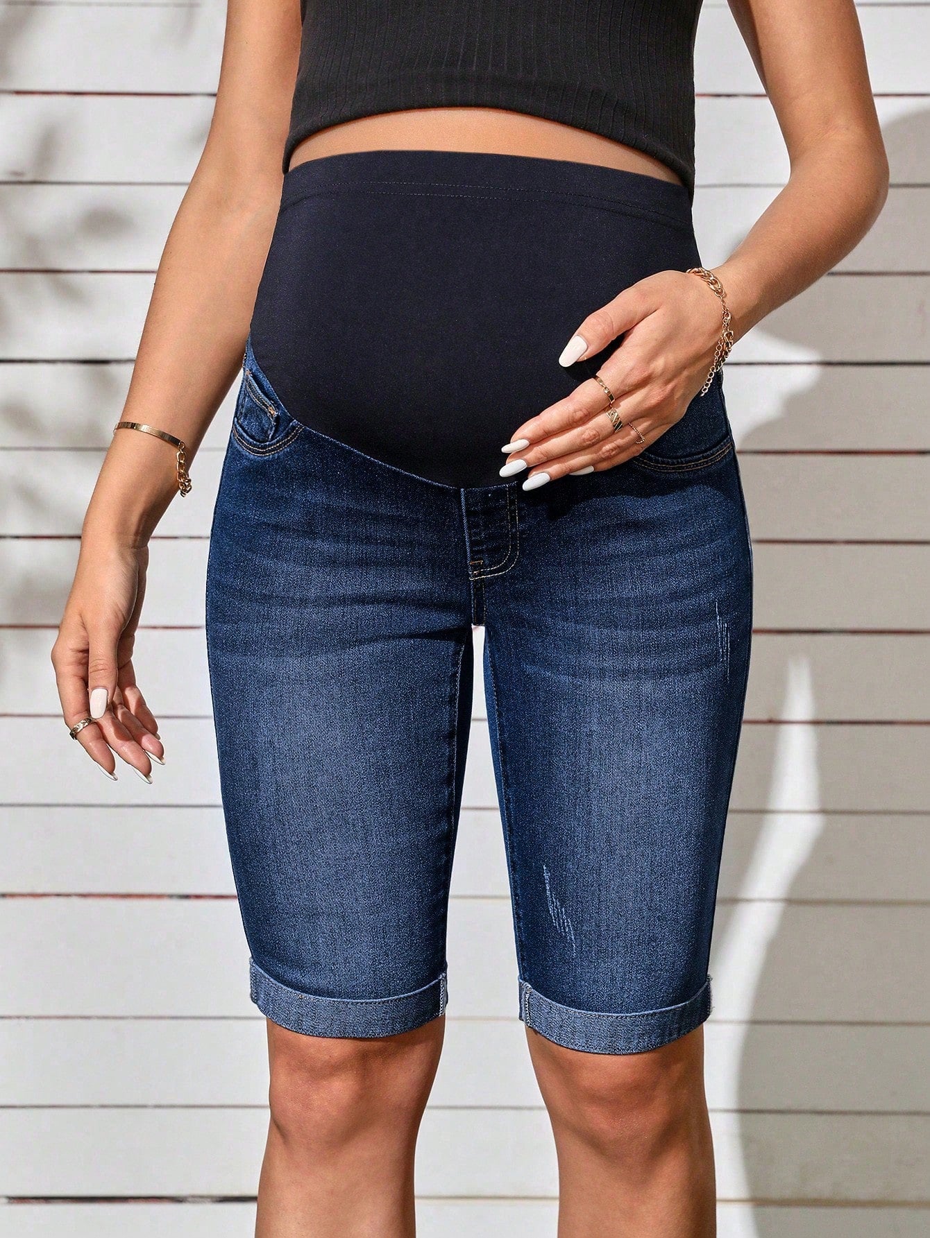 Maternity Solid Color Casual Denim Shorts