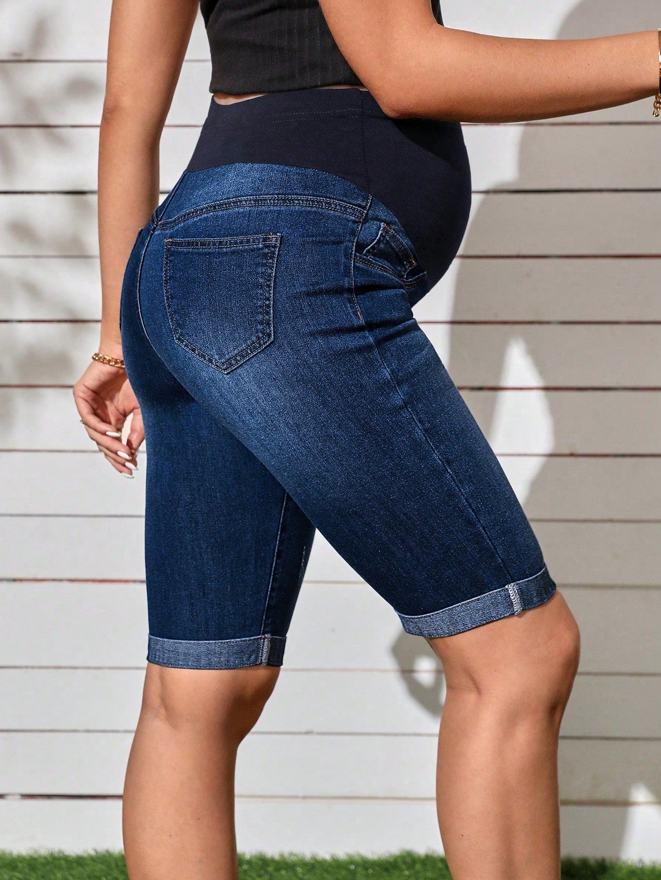 Maternity Solid Color Casual Denim Shorts