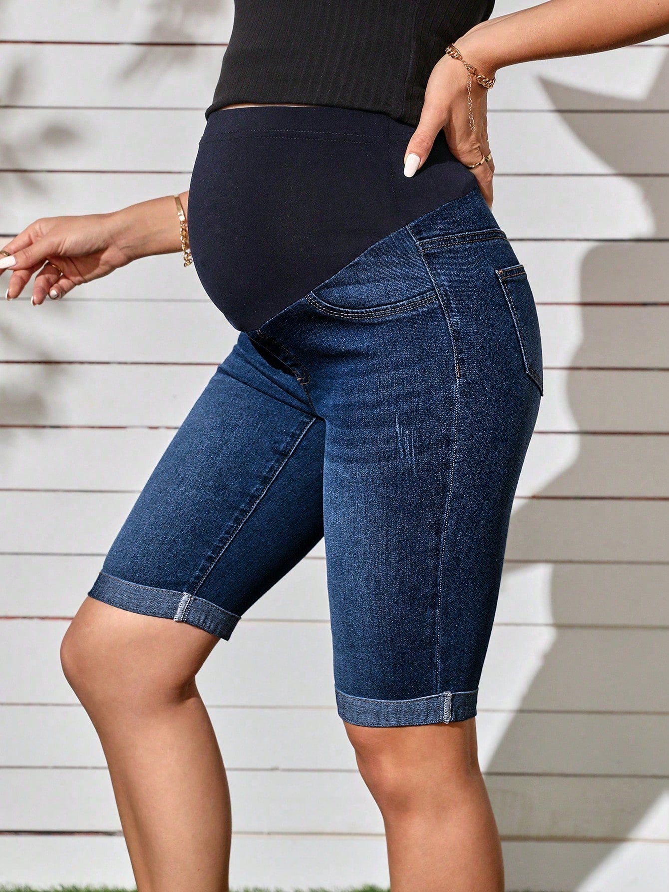 Maternity Solid Color Casual Denim Shorts