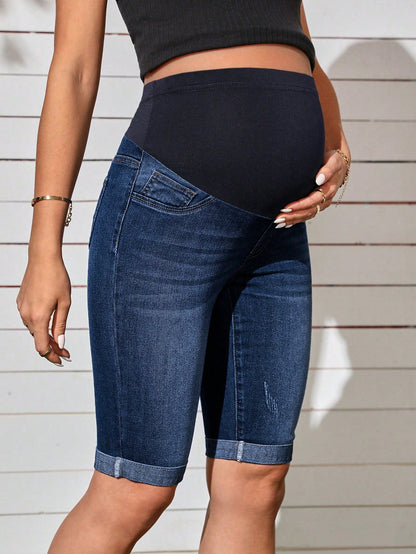 Maternity Solid Color Casual Denim Shorts