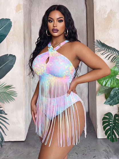 Maweii 2026 New Colorful Leopard Print Tassel Design Plus Size Women Bikini Top For Beach Vacation Summer
