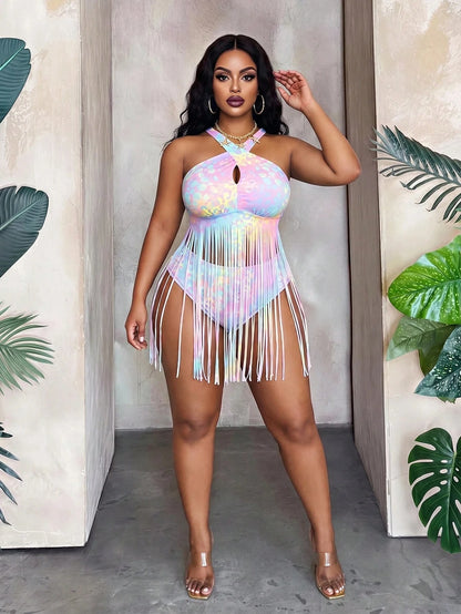 Maweii 2026 New Colorful Leopard Print Tassel Design Plus Size Women Bikini Top For Beach Vacation Summer