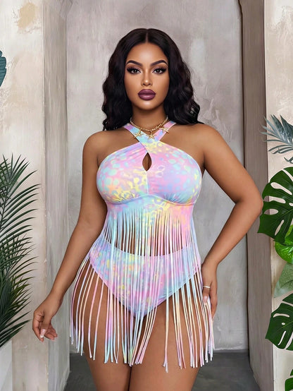 Maweii 2026 New Colorful Leopard Print Tassel Design Plus Size Women Bikini Top For Beach Vacation Summer