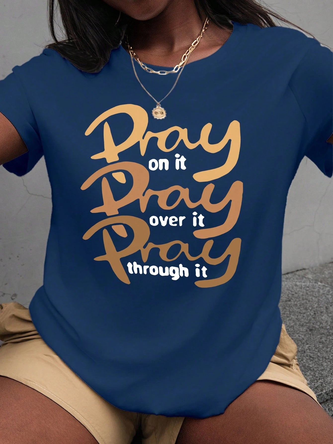 Maweii Plus Size Women's Pray Letter Print Round Neck Short Sleeve T-Shirt, 'Pray On It Pray Over It Pray Through It' Graphic Tees Women Tops