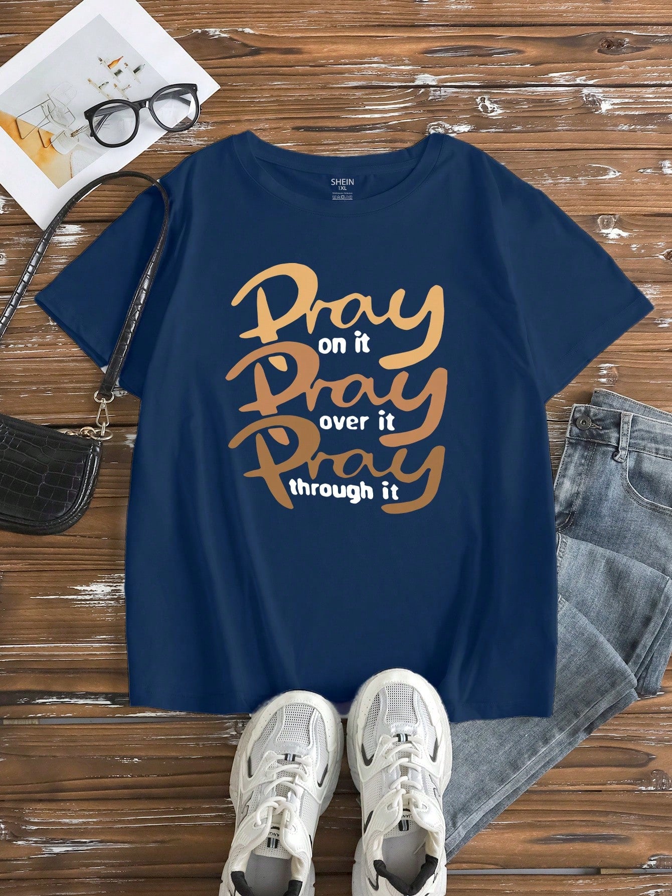 Maweii Plus Size Women's Pray Letter Print Round Neck Short Sleeve T-Shirt, 'Pray On It Pray Over It Pray Through It' Graphic Tees Women Tops