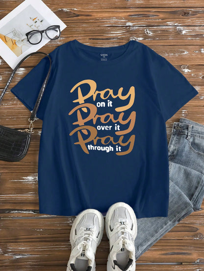 Maweii Plus Size Women's Pray Letter Print Round Neck Short Sleeve T-Shirt, 'Pray On It Pray Over It Pray Through It' Graphic Tees Women Tops