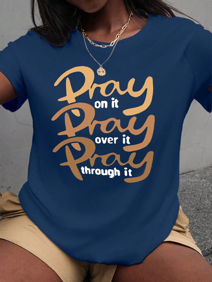 Maweii Plus Size Women's Pray Letter Print Round Neck Short Sleeve T-Shirt, 'Pray On It Pray Over It Pray Through It' Graphic Tees Women Tops