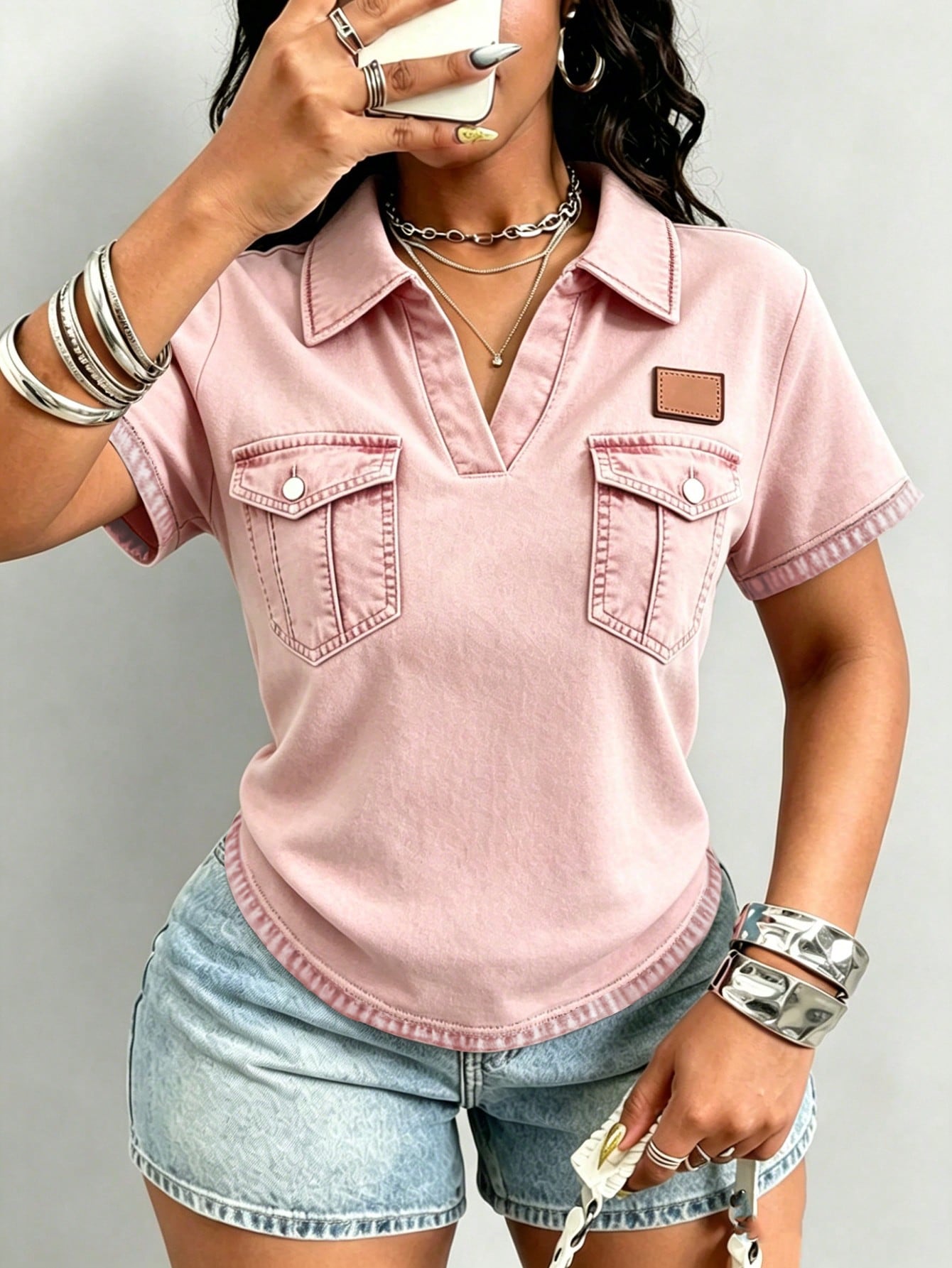 Maweii Women's Casual Retro Short-Sleeved Polo-Neck T-Shirt, Pink T-Shirt With Faux Pocket Pattern Print.