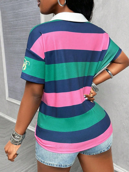 Maweii Women's Casual Retro Short-Sleeved Polo-Neck T-Shirt, Pink T-Shirt With Faux Pocket Pattern Print.