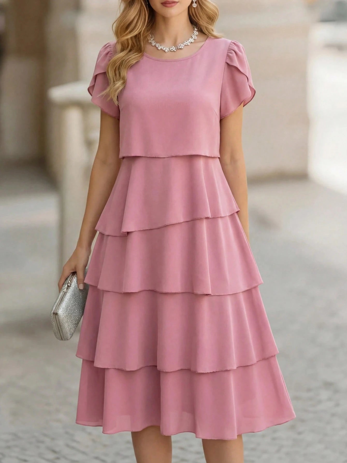 Medorina Women's Solid Color Round Neck Petal Short Sleeve Layered Ruffle Hem Fashionable Dress Vacation Outfit For Women Spring Sunmmer