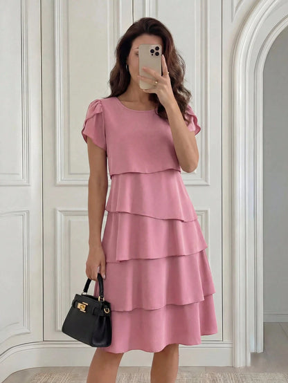 Medorina Women's Solid Color Round Neck Petal Short Sleeve Layered Ruffle Hem Fashionable Dress Vacation Outfit For Women Spring Sunmmer