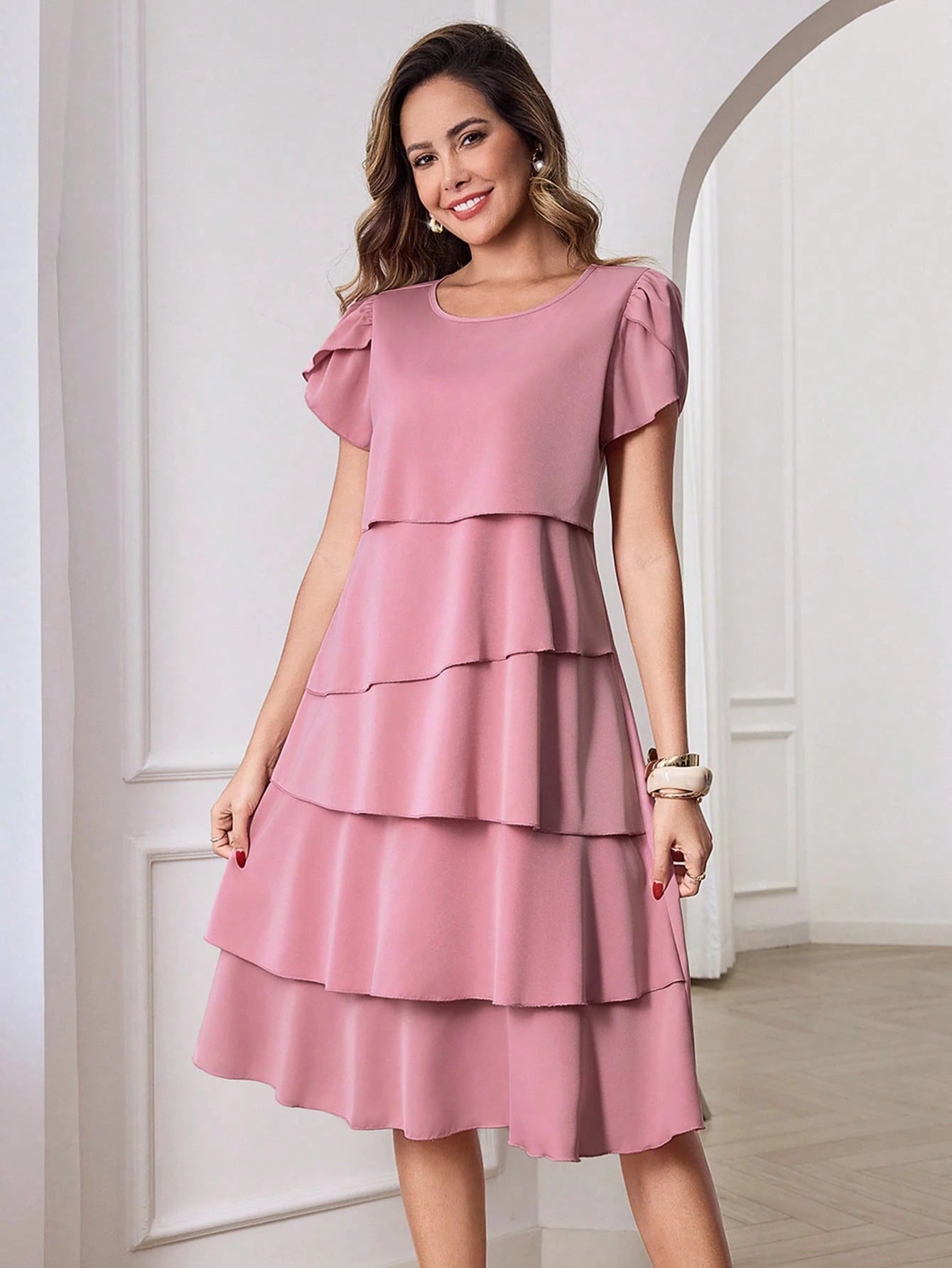 Medorina Women's Solid Color Round Neck Petal Short Sleeve Layered Ruffle Hem Fashionable Dress Vacation Outfit For Women Spring Sunmmer