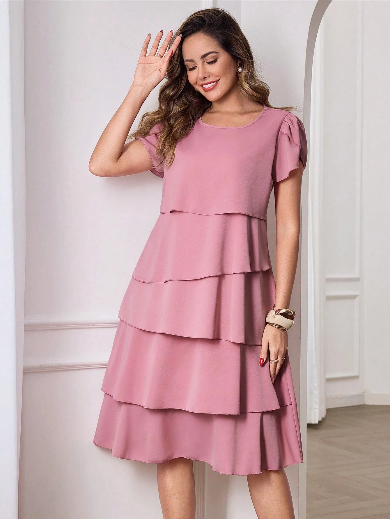 Medorina Women's Solid Color Round Neck Petal Short Sleeve Layered Ruffle Hem Fashionable Dress Vacation Outfit For Women Spring Sunmmer