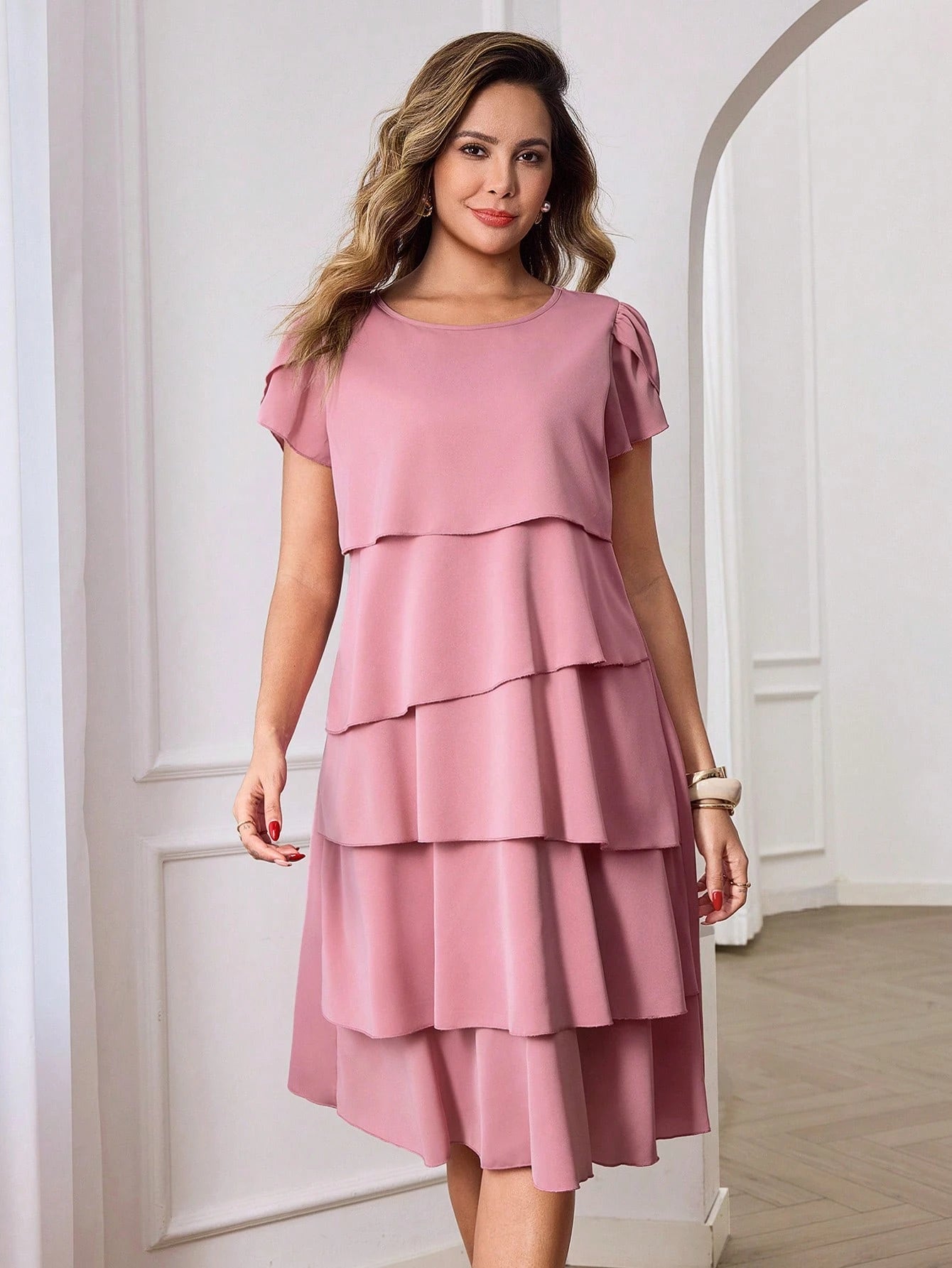 Medorina Women's Solid Color Round Neck Petal Short Sleeve Layered Ruffle Hem Fashionable Dress Vacation Outfit For Women Spring Sunmmer