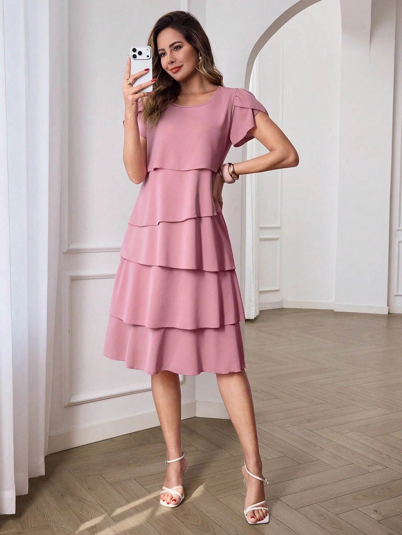 Medorina Women's Solid Color Round Neck Petal Short Sleeve Layered Ruffle Hem Fashionable Dress Vacation Outfit For Women Spring Sunmmer