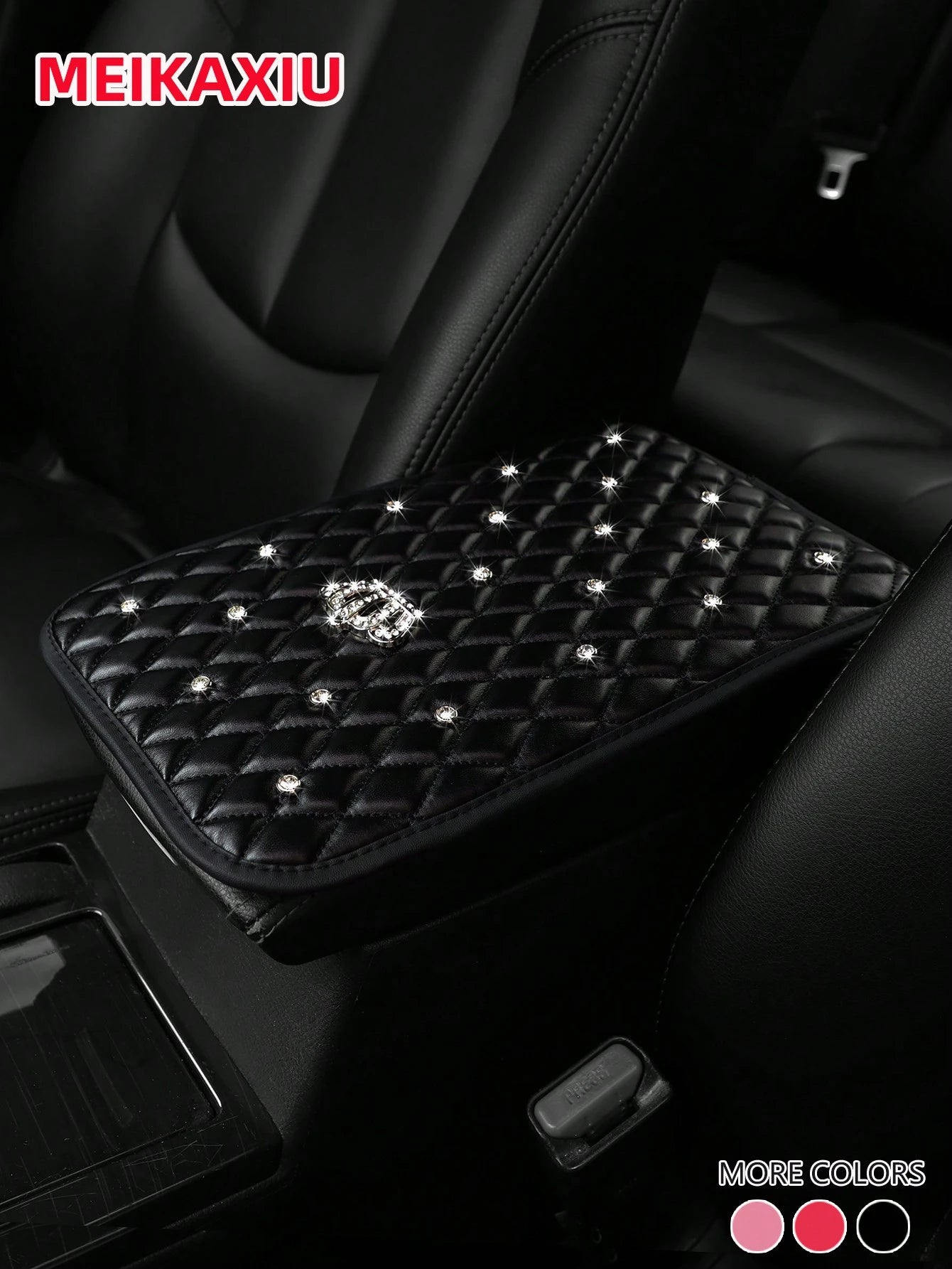 MEIKAXIU 1pc Bling-Bling Diamond Inlaid PU Faux Crown Comfortable Soft New Car Armrest Pad Universal For Men And Women, All Seasons