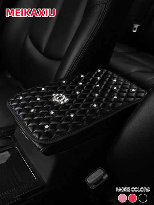 MEIKAXIU 1pc Bling-Bling Diamond Inlaid PU Faux Crown Comfortable Soft New Car Armrest Pad Universal For Men And Women, All Seasons