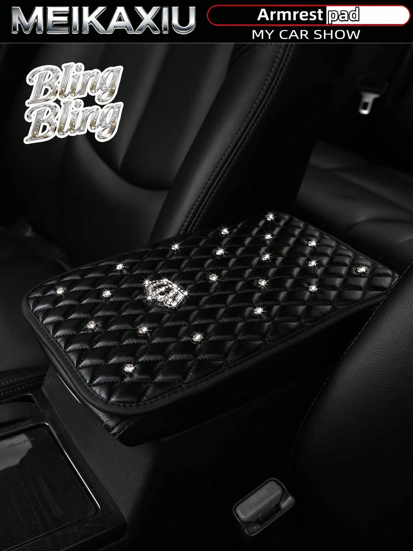 MEIKAXIU 1pc Bling-Bling Diamond Inlaid PU Faux Crown Comfortable Soft New Car Armrest Pad Universal For Men And Women, All Seasons