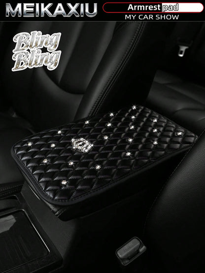 MEIKAXIU 1pc Bling-Bling Diamond Inlaid PU Faux Crown Comfortable Soft New Car Armrest Pad Universal For Men And Women, All Seasons