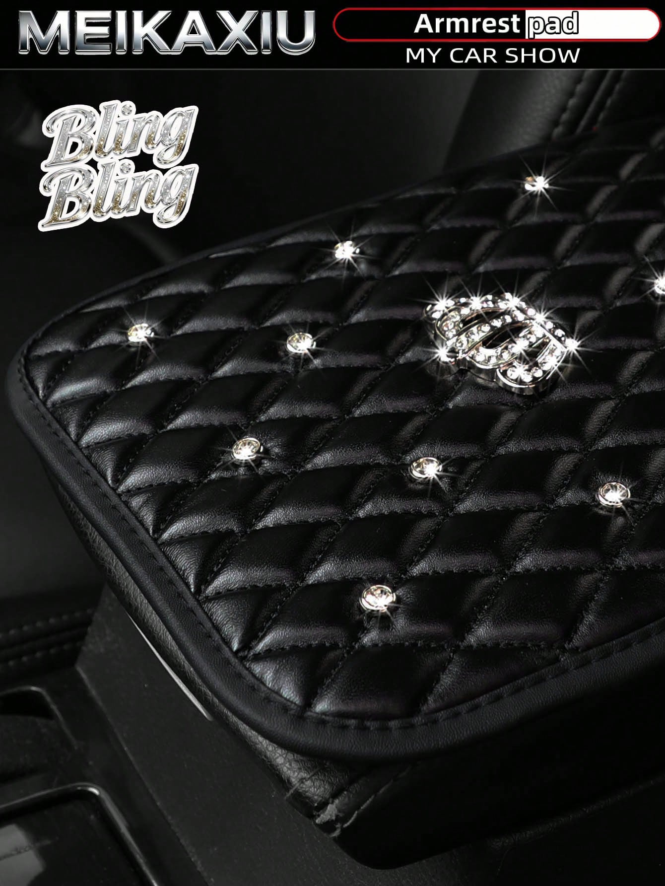 MEIKAXIU 1pc Bling-Bling Diamond Inlaid PU Faux Crown Comfortable Soft New Car Armrest Pad Universal For Men And Women, All Seasons