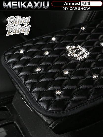 MEIKAXIU 1pc Bling-Bling Diamond Inlaid PU Faux Crown Comfortable Soft New Car Armrest Pad Universal For Men And Women, All Seasons